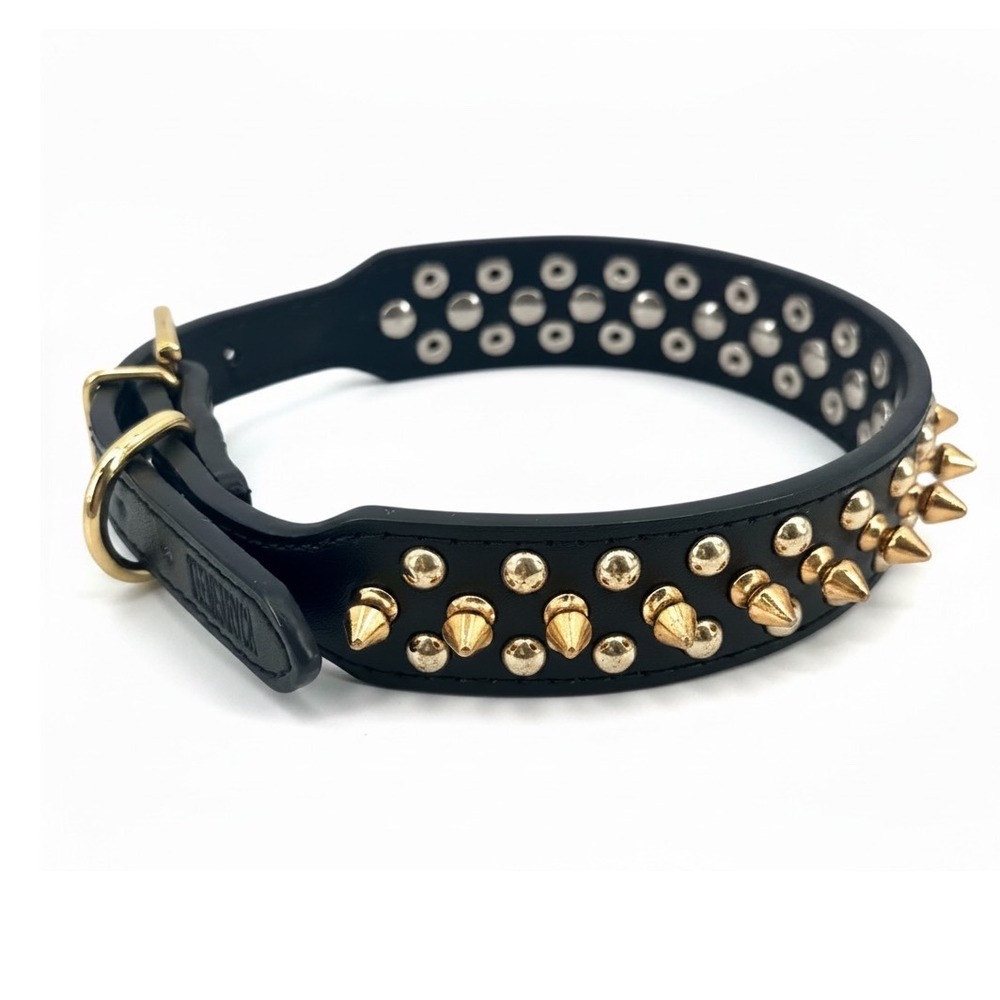 Teemerryca Studded Dog Collar Medium Black Gold Spiked Punk NWOT